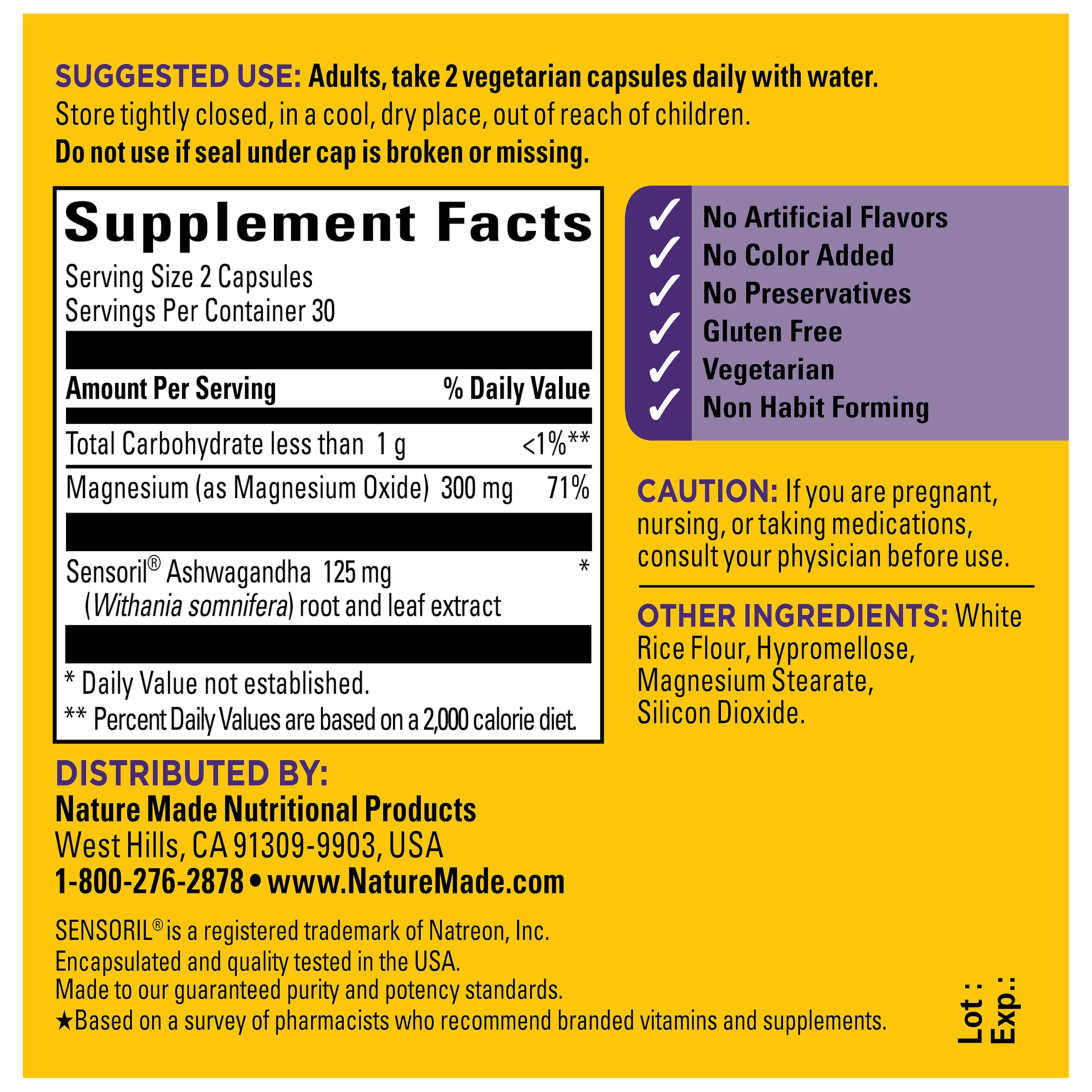 Nature Made Magnesium + Ashwagandha Capsules, Stress Relief and Sleep Support, Magnesium 300 mg and Ashwagandha Supplements, 60 Capsules, 30 Day Supply - Image 7