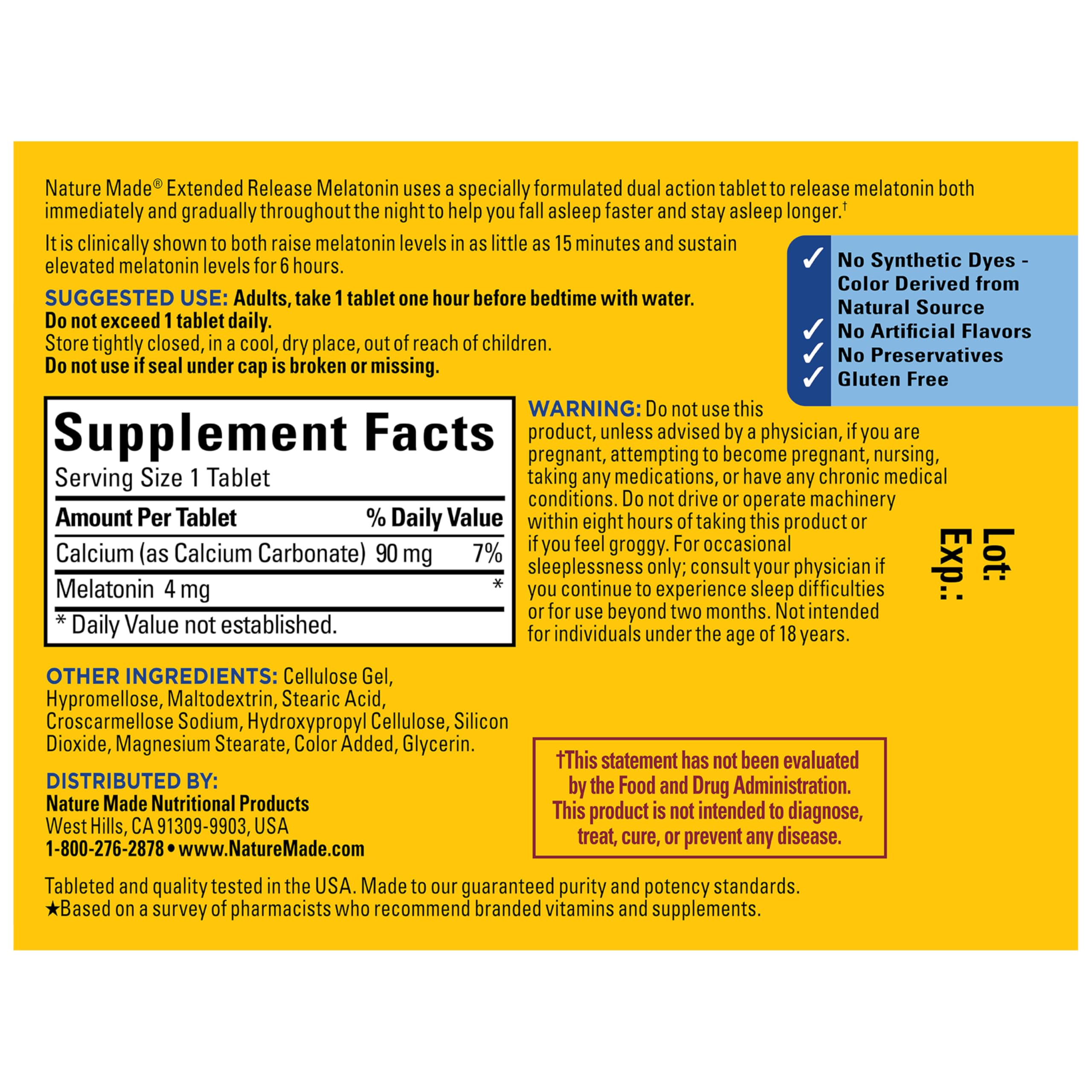 Nature Made Melatonin 4mg Extended Release Tablets, Sleep Supplements for Adults, 100% Drug Free Sleep Aid, 90 Count, 90 Day Supply - Image 6