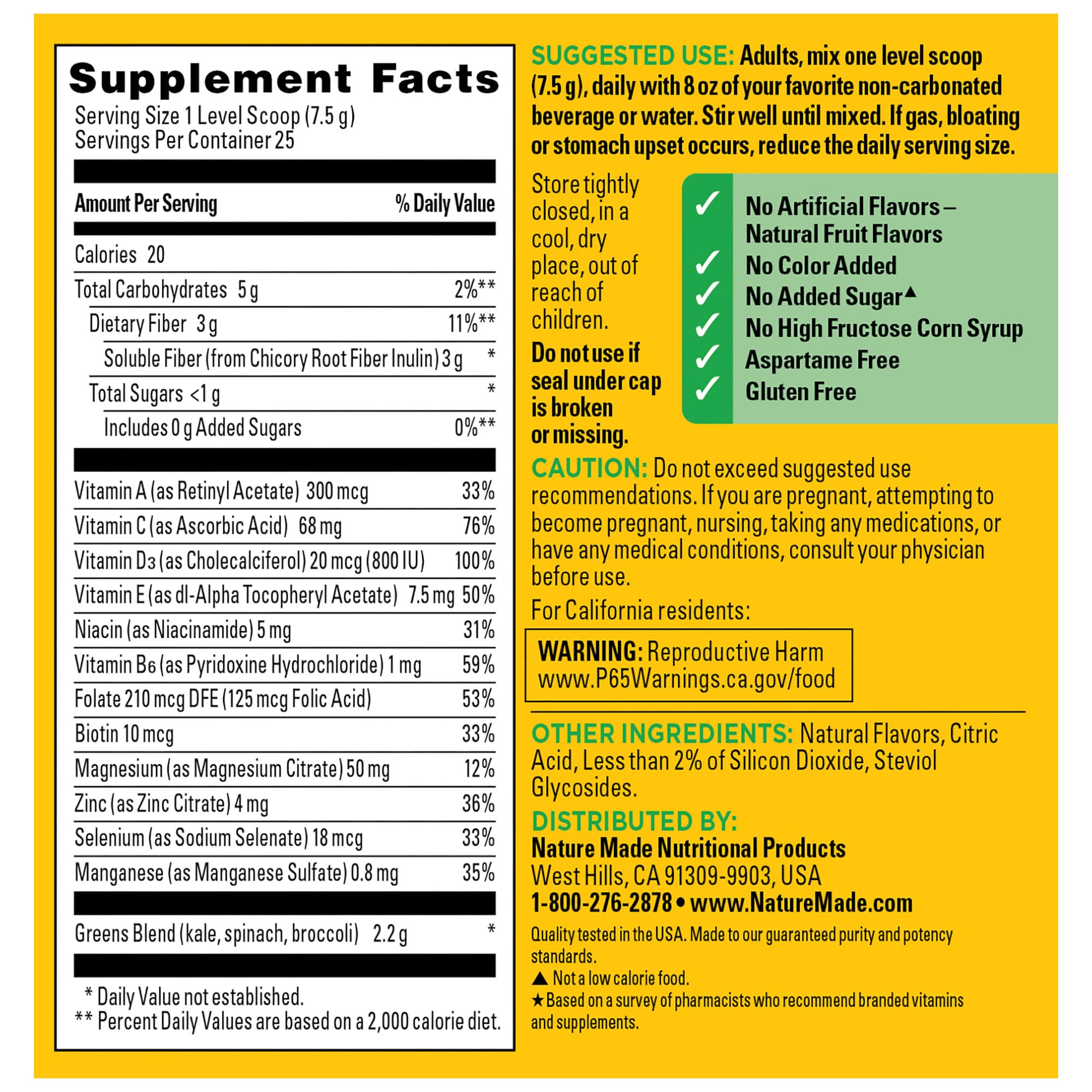 Nature Made Super Greens Powder with Prebiotic Fiber Drink Mix, Made with 1 Cup Veggies Per Serving, Fiber Supplement + Vitamins and Minerals, 25 Day Supply - Image 7
