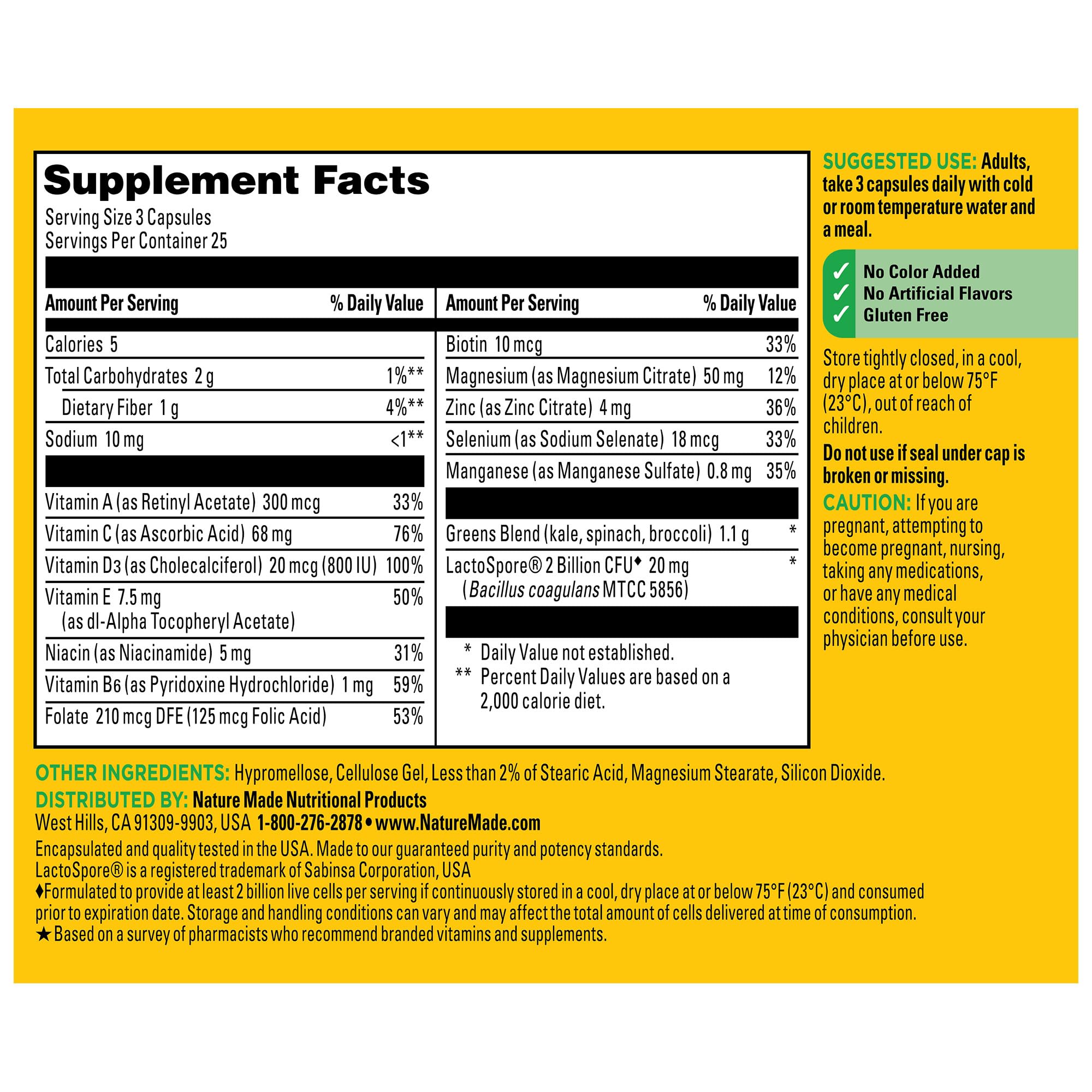 Nature Made Super Greens with Probiotic Capsules, Made with 1/2 Cup Veggies Per Serving + Probiotics for Digestive Health, 75 Capsules, 25 Day Supply - Image 7