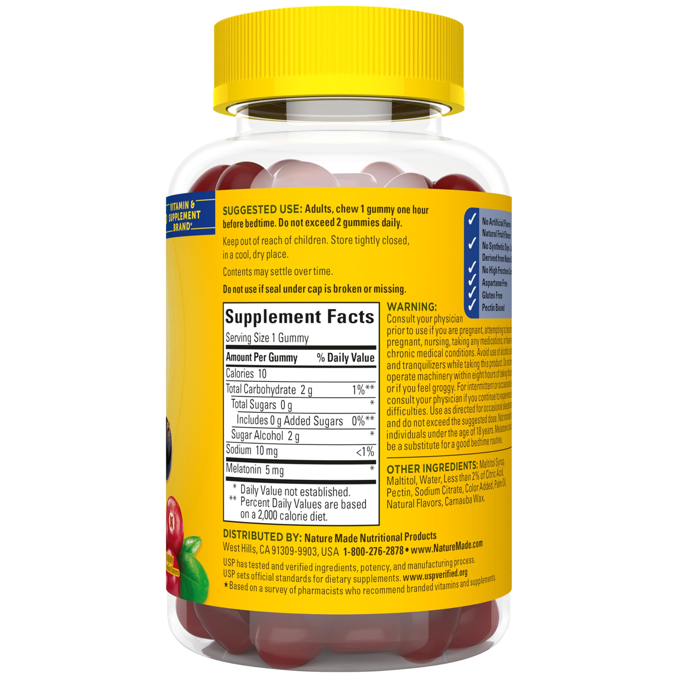 Nature Made Zero Sugar Melatonin 5mg Sleeping Gummies for Adults Extra Strength, 100% Drug Free Sleep Aid, Aspartame Free, 70 Sugar Free Melatonin Gummies, 70 Day Supply - Image 8